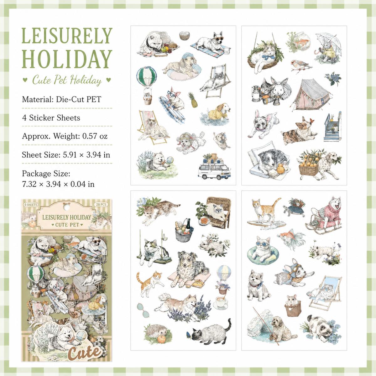 Cute Pet Series Vintage Illustrated Sticker Sheets | 6 Styles, PET