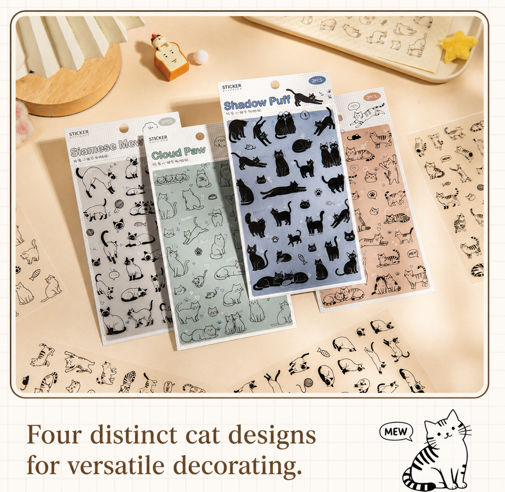 Line-Art Cartoon Cat Sticker Sheets | 4 Breeds, 2 Sheets per Pack, PET