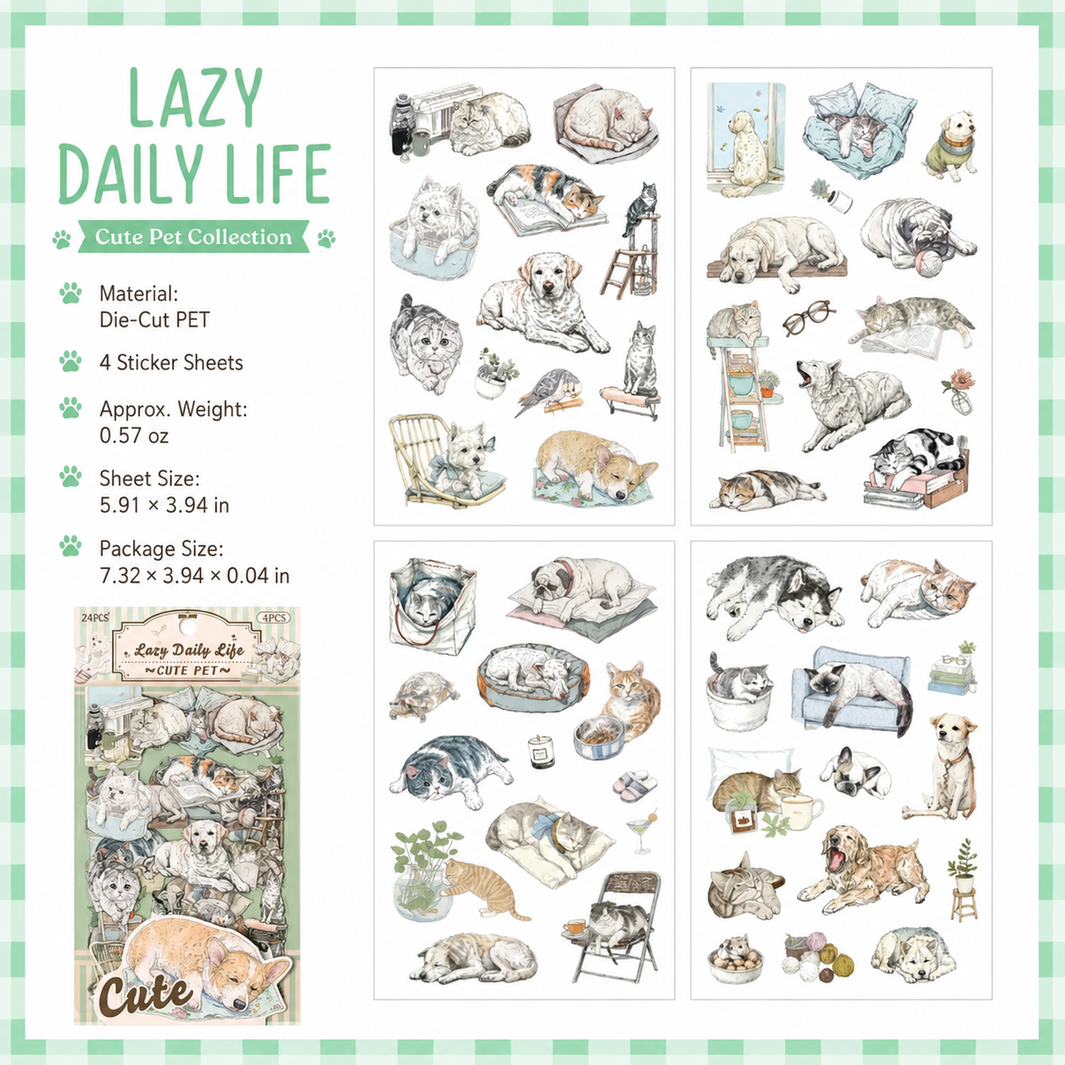 Cute Pet Series Vintage Illustrated Sticker Sheets | 6 Styles, PET