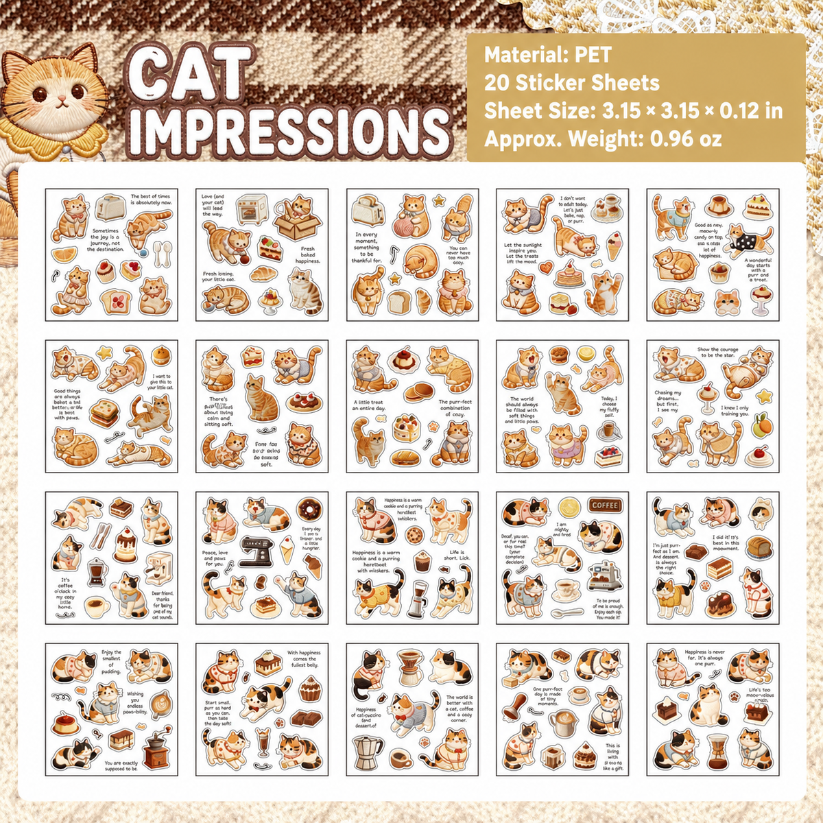 Knit Meow Story Embroidery-Style Cat Sticker Book | 20 sheets, 4 Styles, PET