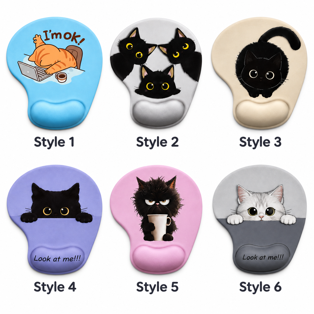 Cute Cat Mouse Pad with Silicone Wrist Rest, 12 Breeds