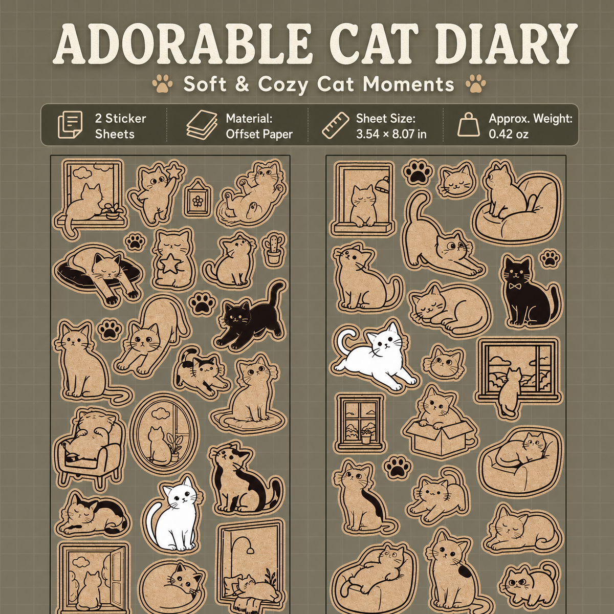 Kraft Cat Life Sticker Sheets | 2 sheets per pack, 6 Styles, Wood-Free Paper