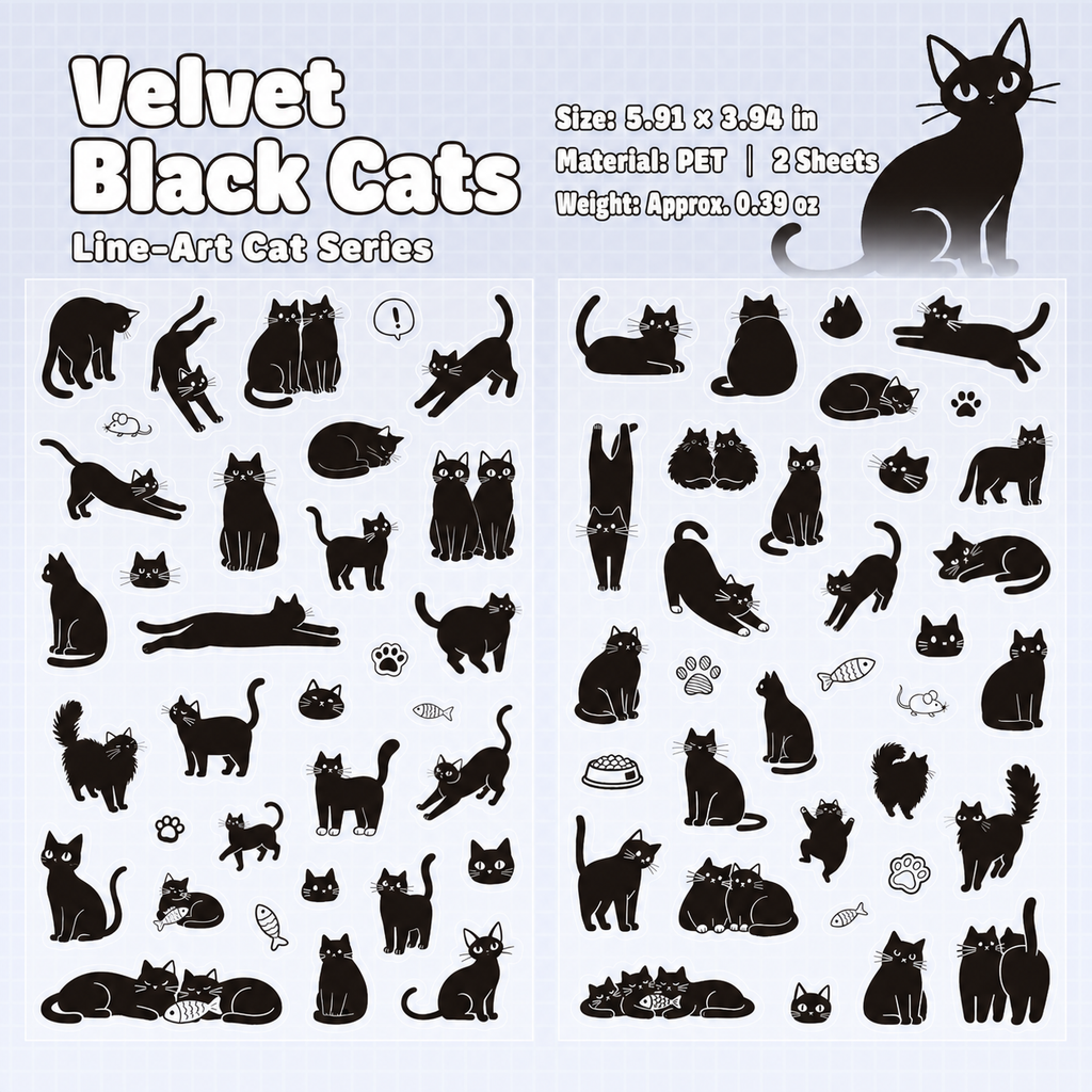 Line-Art Cartoon Cat Sticker Sheets | 4 Breeds, 2 Sheets per Pack, PET