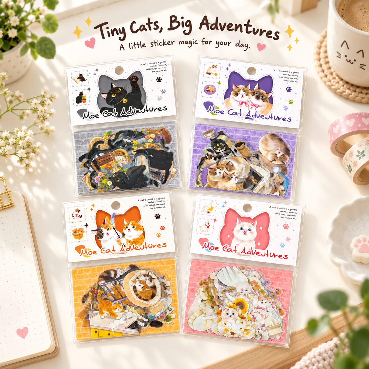 Adventures of a Cute Kitten Sticker Pack | 25 designs x 2 (50 stickers total), 4 Cat Colors, Home Life Theme