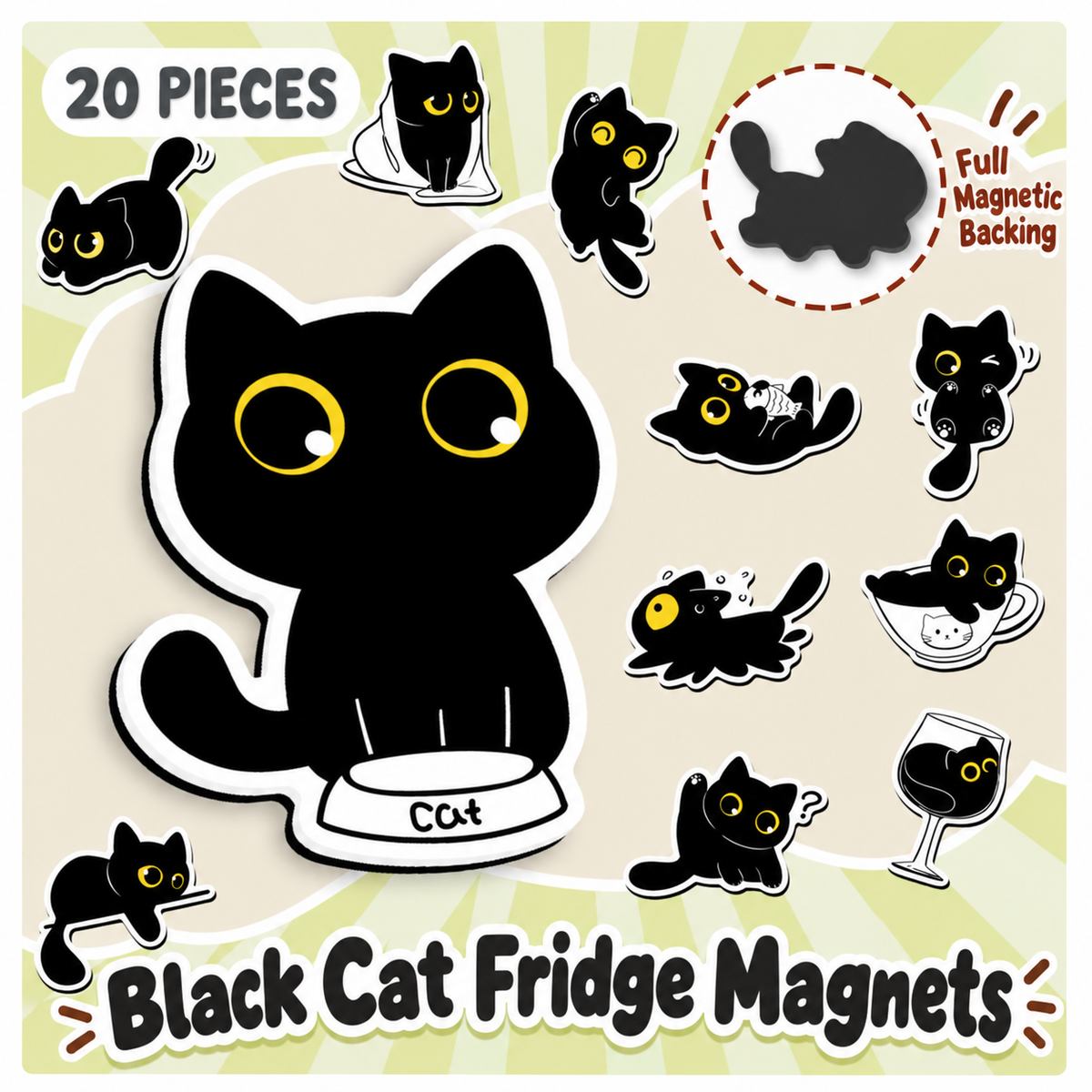 Black Cat Fridge Magnets — 5-Piece set & 20-Piece Set