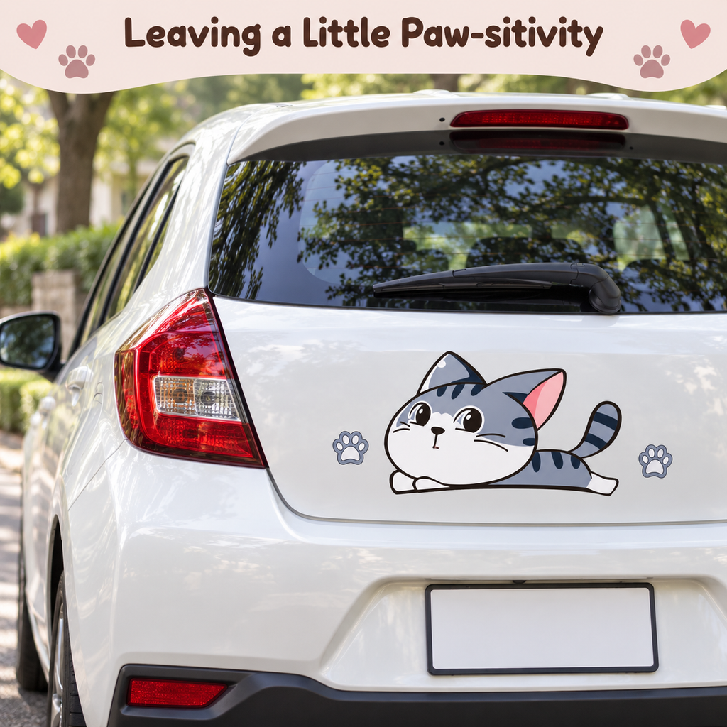 Sliding Cat Car Decal Set – Mirrored Pair Scratch Cover Sticker with Paw Prints & Fish, Waterproof, 5 Styles & 3 Sizes