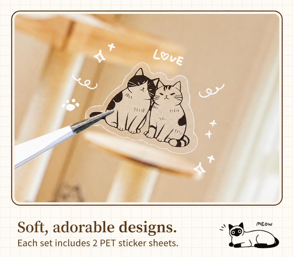 Line-Art Cartoon Cat Sticker Sheets | 4 Breeds, 2 Sheets per Pack, PET