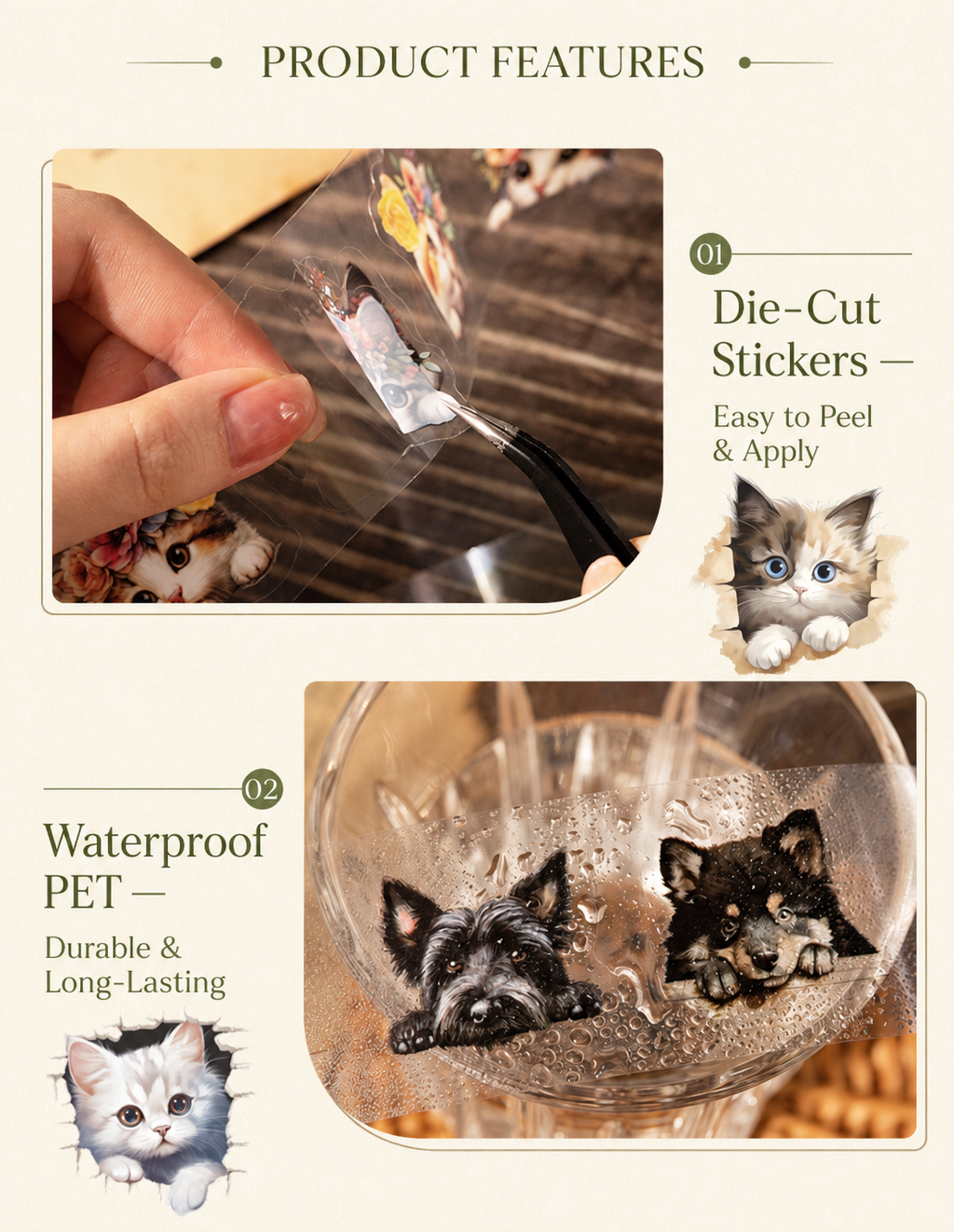 Cat and Dog Little Corner Die-Cut Washi Tape | 1 roll per pack, 6 Styles, PET