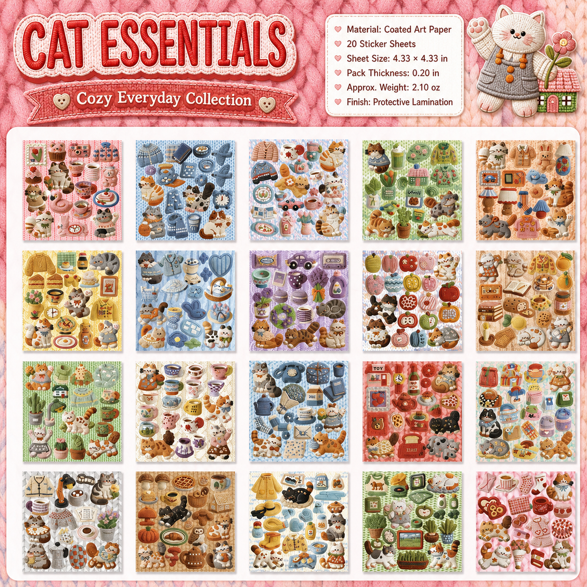Meow Knit Story Textured Cat Sticker Book | 2 Styles, Copperplate Paper
