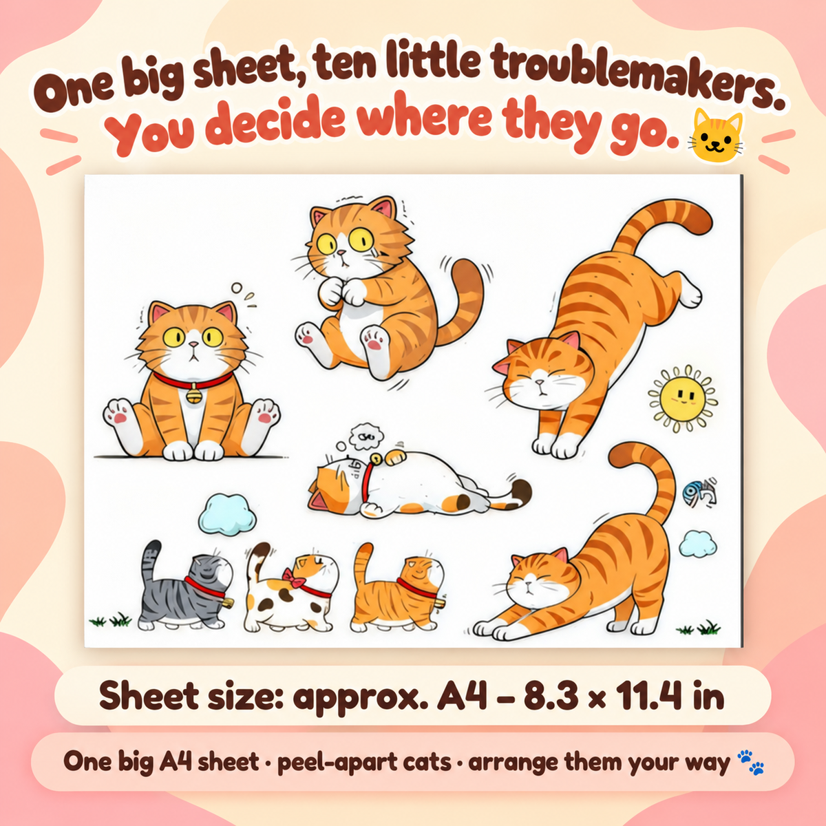 Cat Sticker Sheet – A4 Waterproof Kitty Decals for Cars, Laptops & Luggage, Mix & Match, 4 Styles