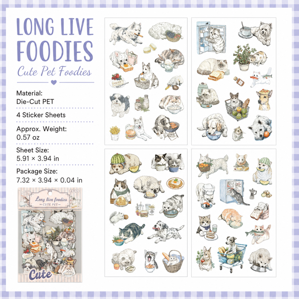 Cute Pet Series Vintage Illustrated Sticker Sheets | 6 Styles, PET