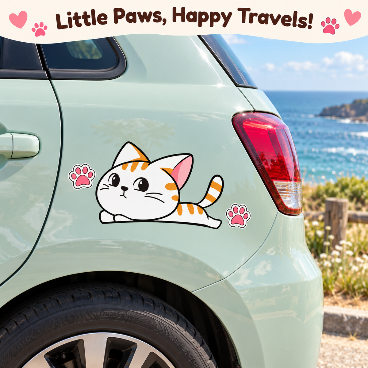 Sliding Cat Car Decal Set – Mirrored Pair Scratch Cover Sticker with Paw Prints & Fish, Waterproof, 5 Styles & 3 Sizes