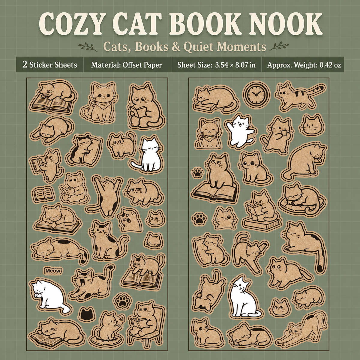 Kraft Cat Life Sticker Sheets | 2 sheets per pack, 6 Styles, Wood-Free Paper