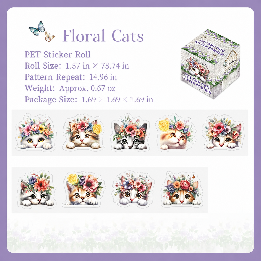 Cat and Dog Little Corner Die-Cut Washi Tape | 1 roll per pack, 6 Styles, PET