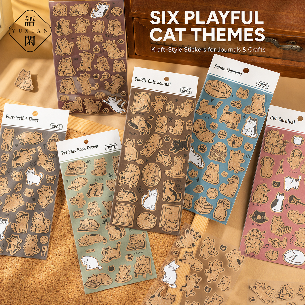 Kraft Cat Life Sticker Sheets | 2 sheets per pack, 6 Styles, Wood-Free Paper