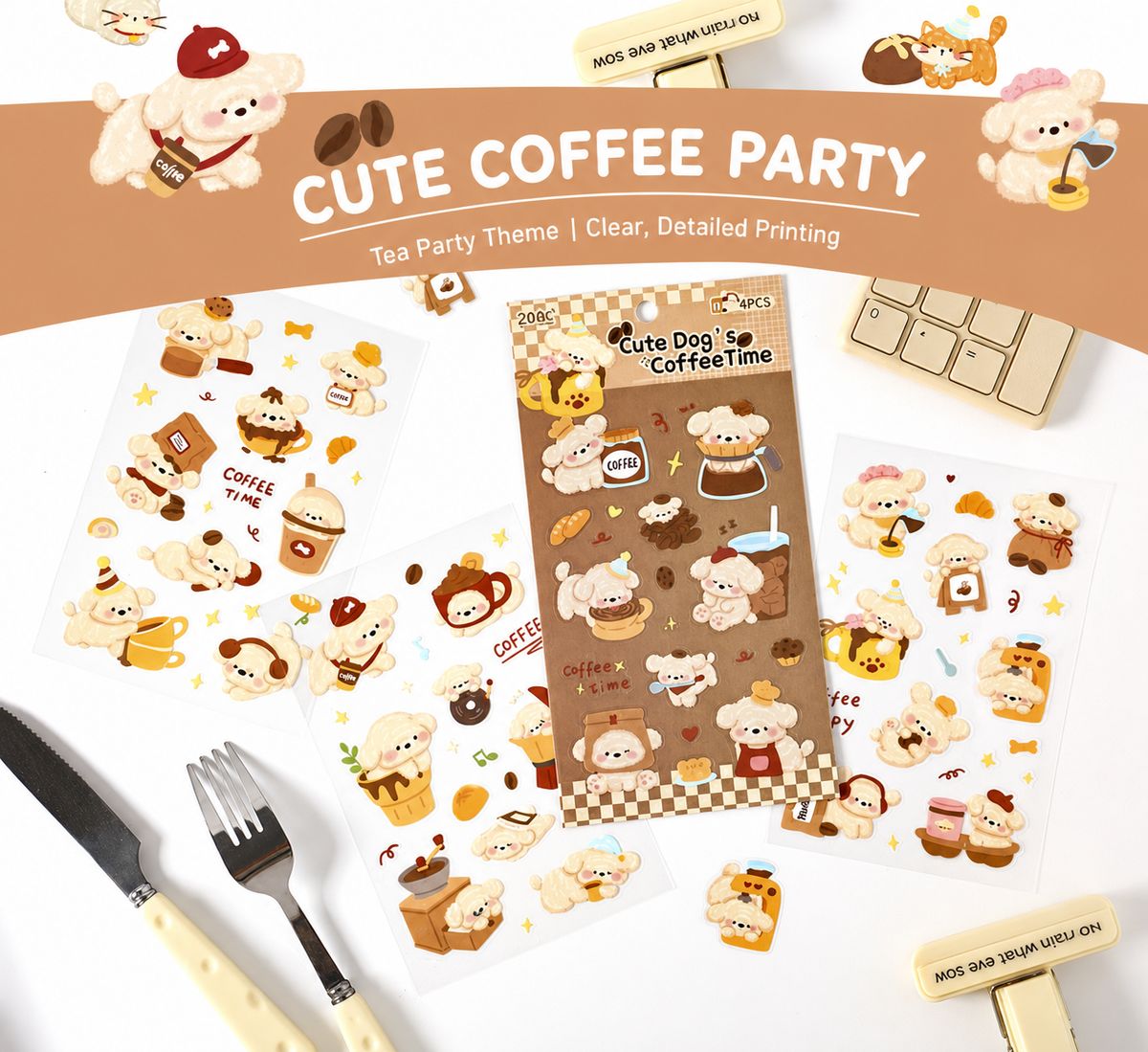 Cute Pet Tea Party Sticker Sheets | 4 sheets per pack, 3 Styles, PET