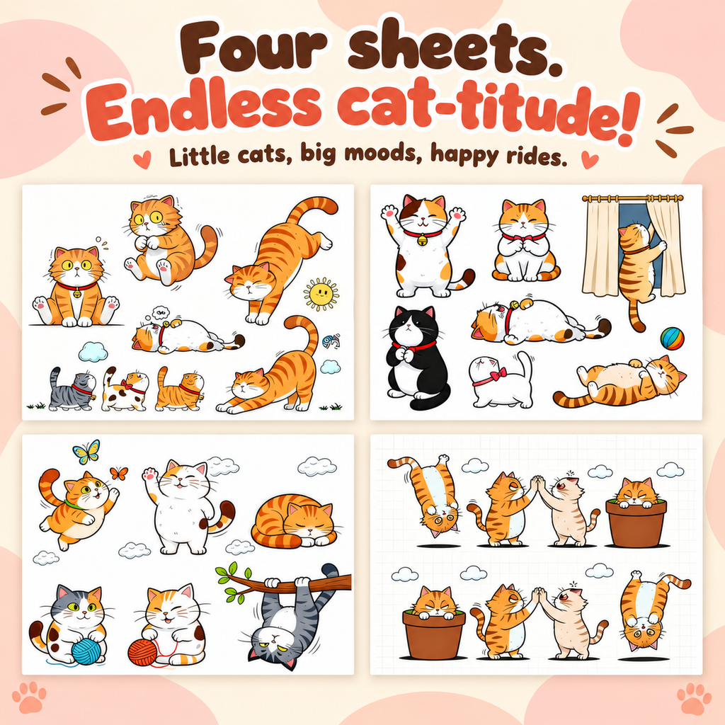 Cat Sticker Sheet – A4 Waterproof Kitty Decals for Cars, Laptops & Luggage, Mix & Match, 4 Styles