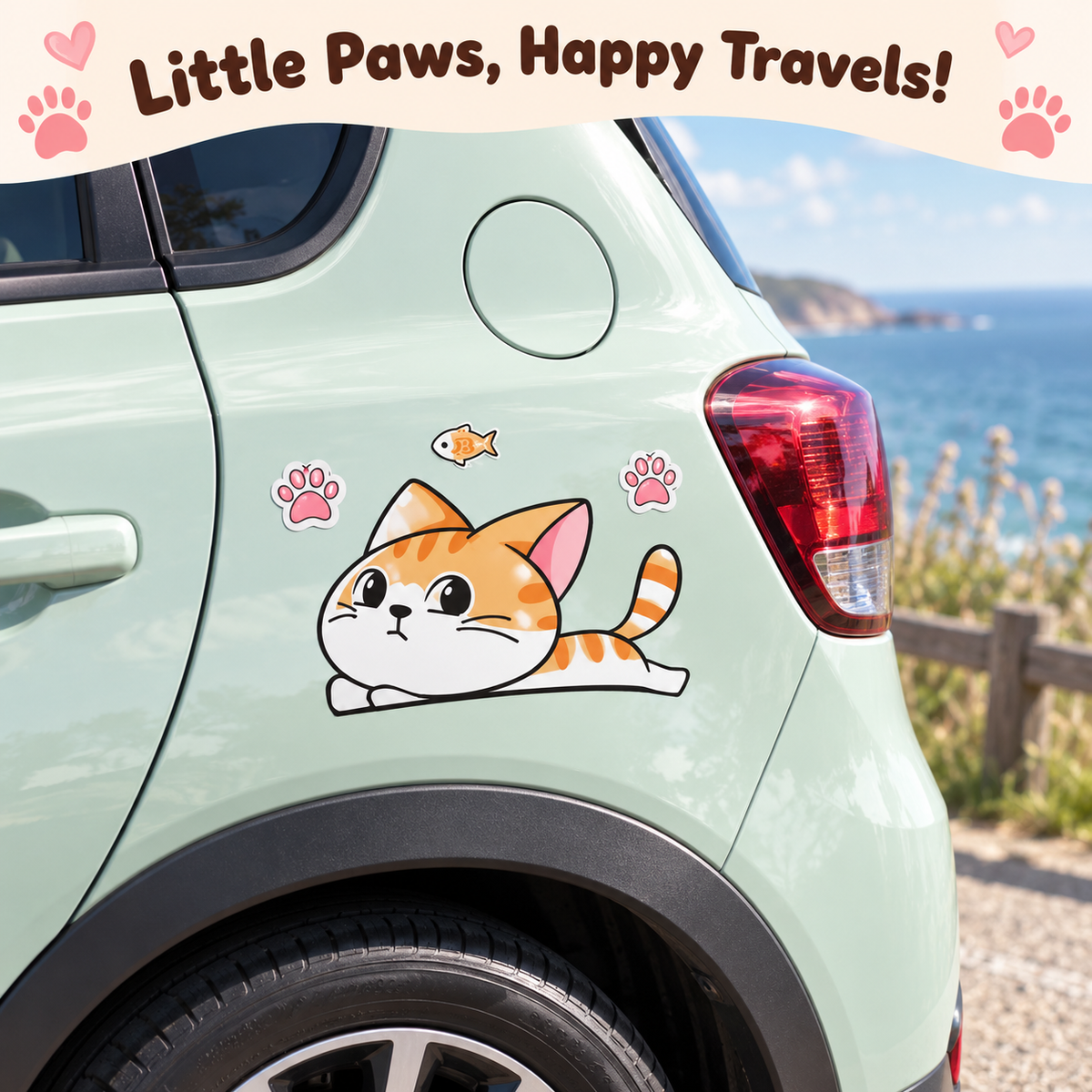 Sliding Cat Car Decal Set – Mirrored Pair Scratch Cover Sticker with Paw Prints & Fish, Waterproof, 5 Styles & 3 Sizes