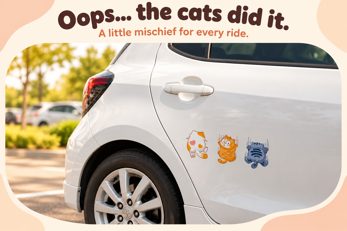 Cartoon Cat Trio Car Decal – Scratch Cover Sticker Set for Car Body & Bumper, Waterproof, 3 Styles & 3 Sizes