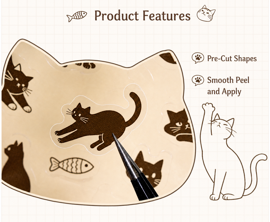 Line-Art Cartoon Cat Sticker Sheets | 4 Breeds, 2 Sheets per Pack, PET
