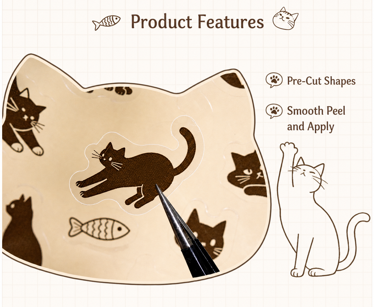 Line-Art Cartoon Cat Sticker Sheets | 4 Breeds, 2 Sheets per Pack, PET