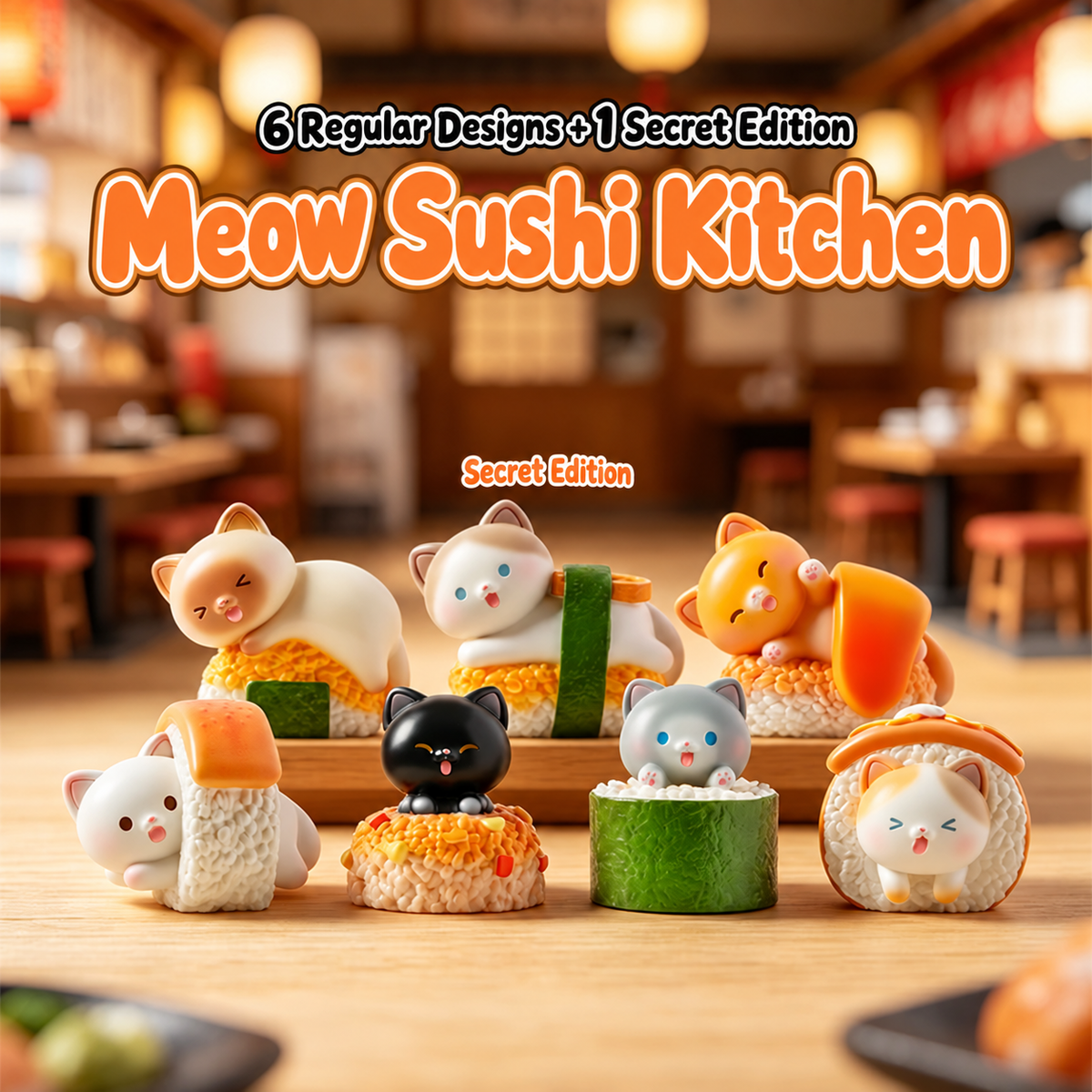 Meow Sushi Kitchen Blind Box – Cute Sushi Cat Figurines, 6 designs + 1 secret(1 Box / Full Set)