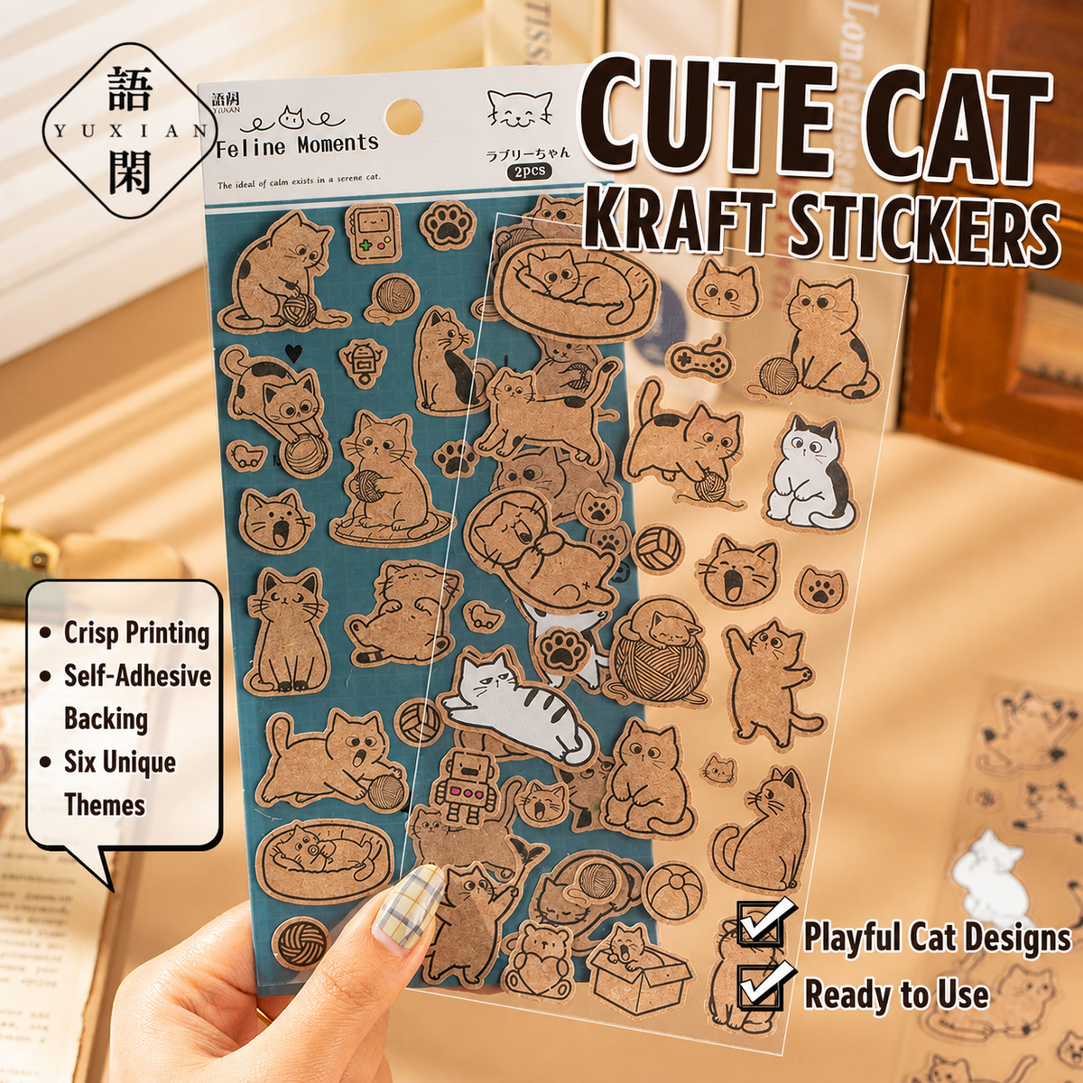 Kraft Cat Life Sticker Sheets | 2 sheets per pack, 6 Styles, Wood-Free Paper