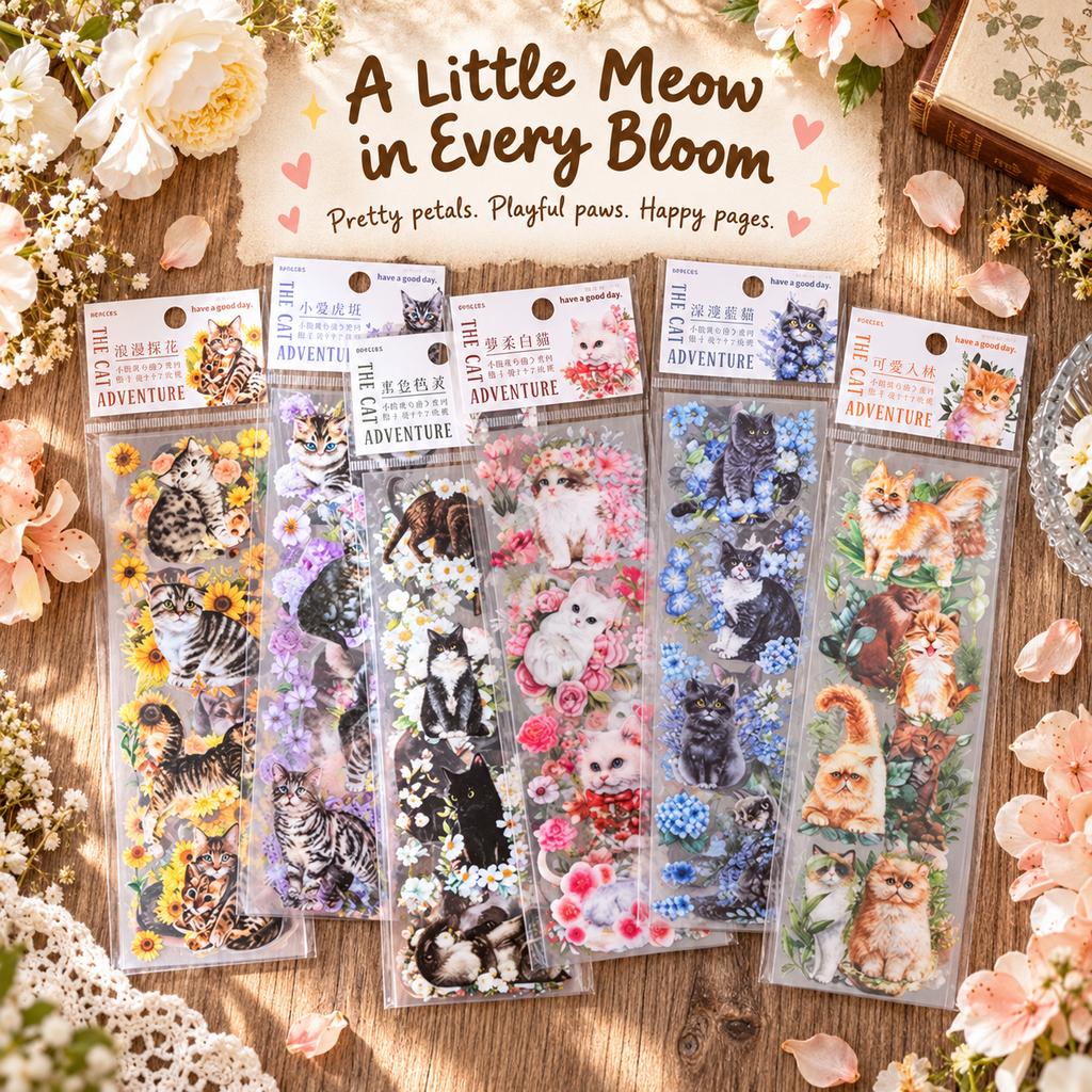 A Beautiful Day Watercolor Cat Sticker Sheets | Cat Encounters Series, 6 sticker sheets per pack, 6 Styles