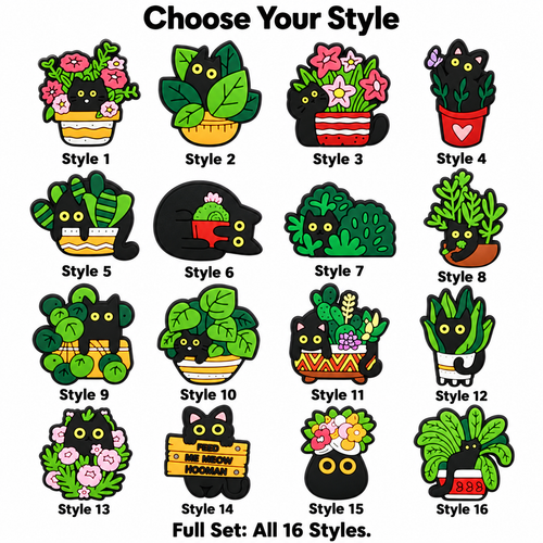 Selection guide showing all 16 Garden Cats PVC fridge magnet designs labeled Style 1 through Style 16; Full Set includes every style.