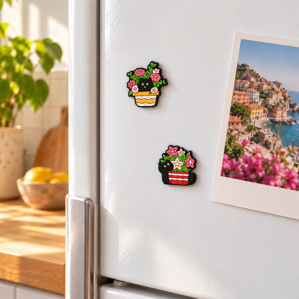 Small floral cat magnets on a white refrigerator beside a postcard in a sunny kitchen.