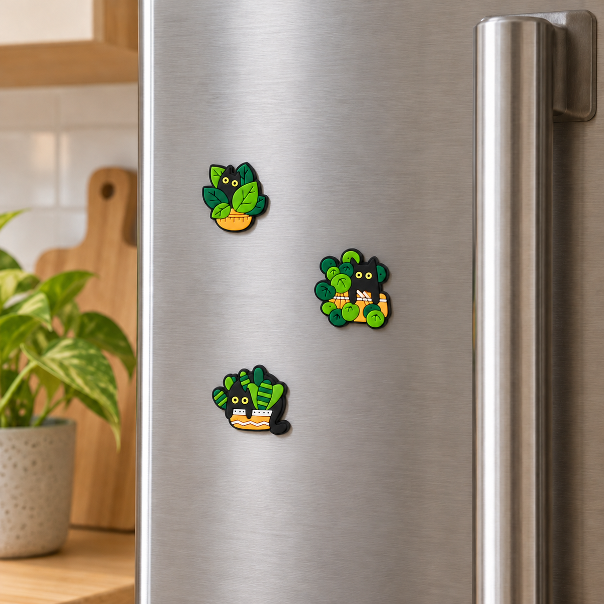 Small green plant cat magnets on a brushed steel refrigerator beside its handle.