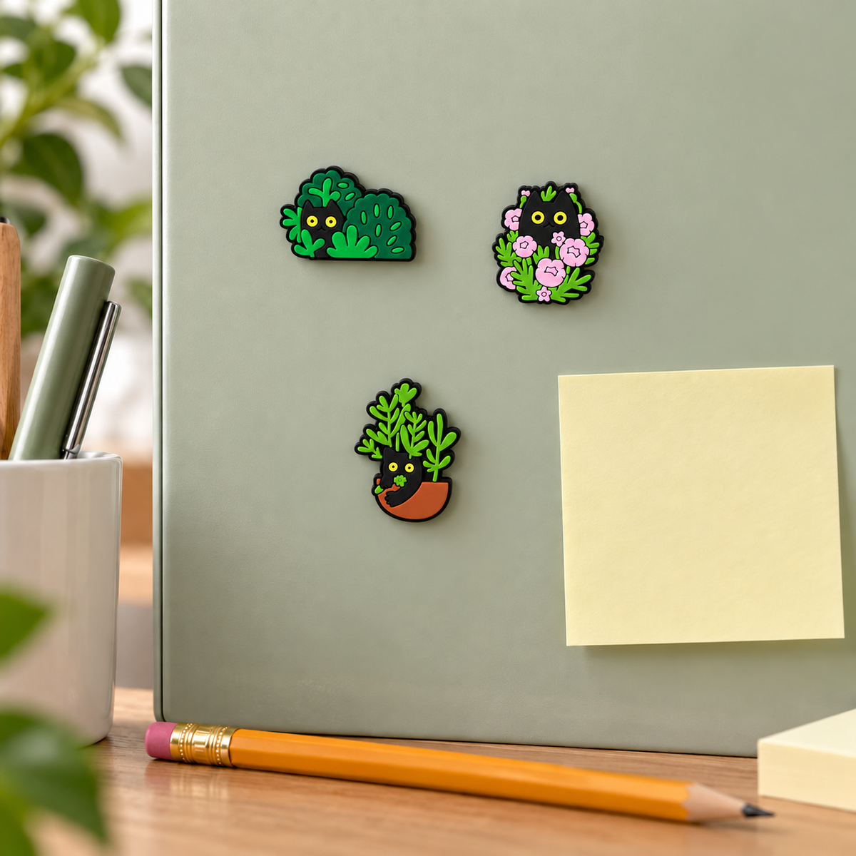 Small cat magnets on a sage magnetic memo board beside a sticky note and pencil.