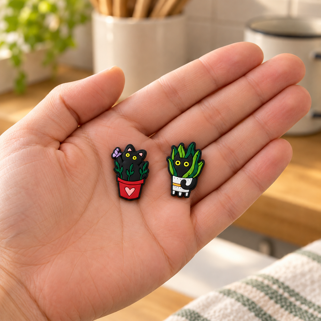 Two small cat plant magnets in an adult palm to illustrate their compact size.