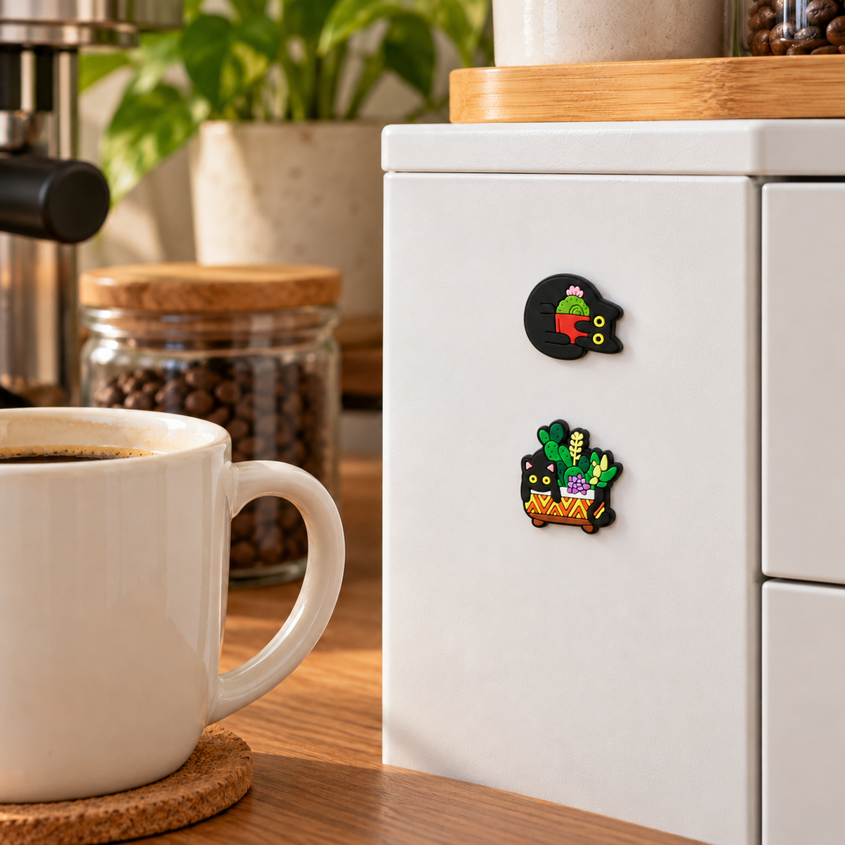 Small cactus and succulent cat magnets on a white metal cabinet at a coffee corner.