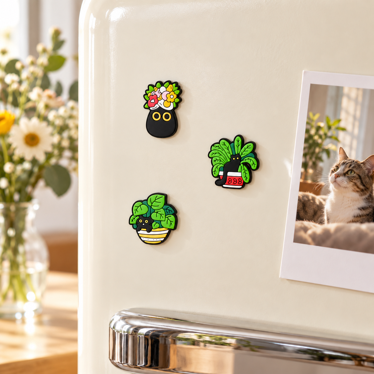 Small leafy and floral cat magnets on a cream refrigerator beside a cat photo.