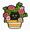 Style 1 Garden Cats PVC fridge magnet: black cat in a yellow striped flowerpot with pink blossoms.