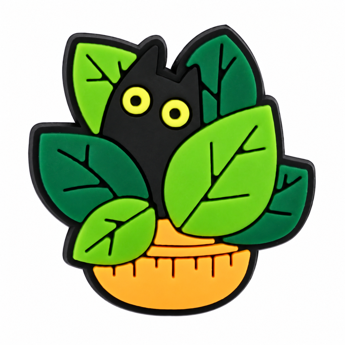 Style 2 Garden Cats PVC fridge magnet: black cat among broad green leaves in a yellow pot.