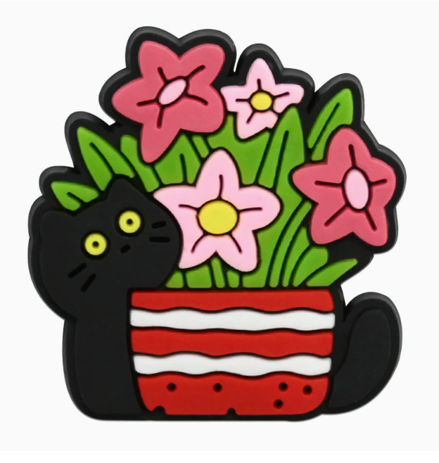Style 3 Garden Cats PVC fridge magnet: black cat beside a red striped flowerpot with pink flowers.