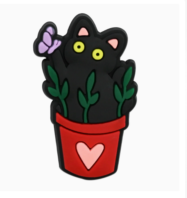 Style 4 Garden Cats PVC fridge magnet: black cat in a red heart pot with a purple butterfly.
