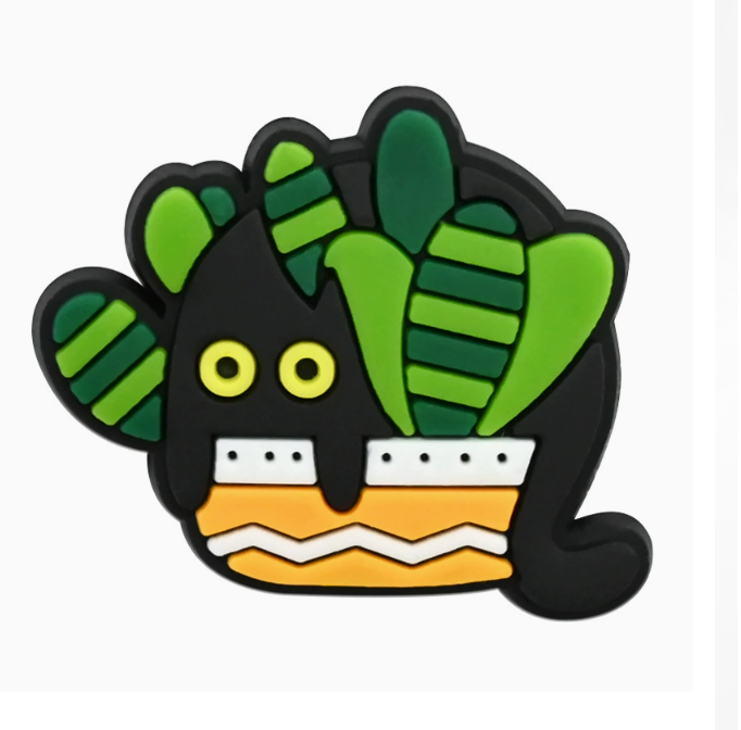 Style 5 Garden Cats PVC fridge magnet: black cat in a yellow zigzag planter with striped leaves.