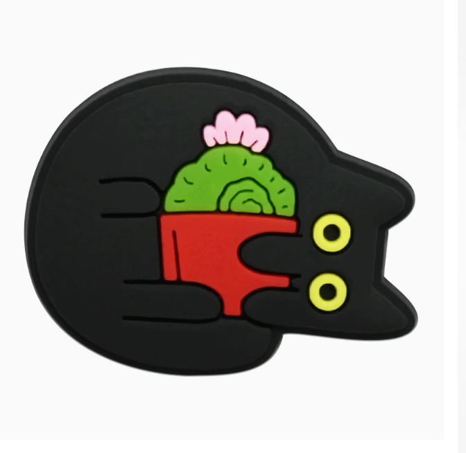 Style 6 Garden Cats PVC fridge magnet: curled black cat holding a red cactus pot.