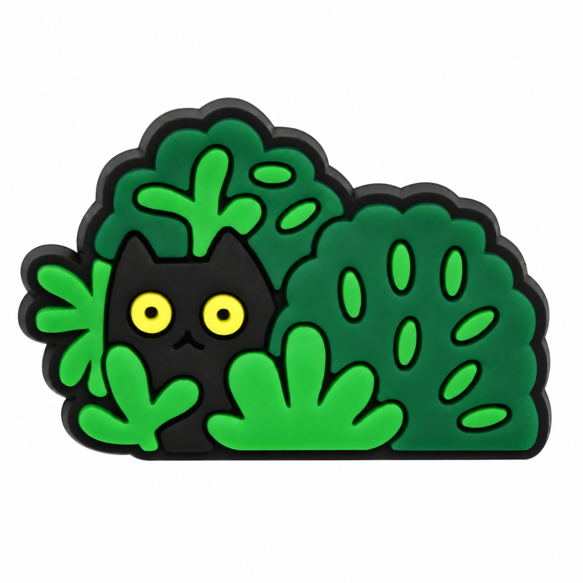 Style 7 Garden Cats PVC fridge magnet: black cat peeking from dark green bushes.