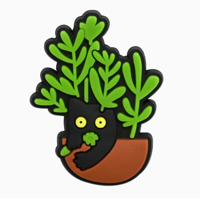 Style 8 Garden Cats PVC fridge magnet: black cat leaning from a terracotta pot with leafy branches.