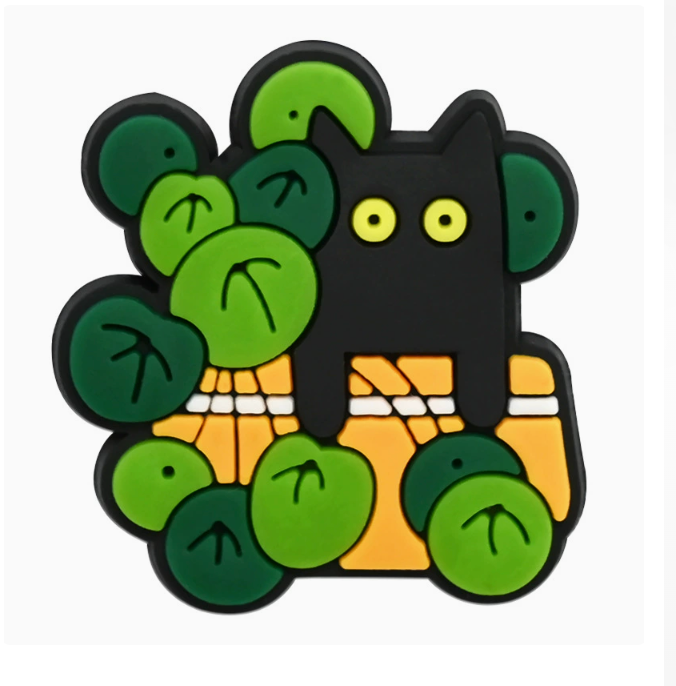 Style 9 Garden Cats PVC fridge magnet: black cat in a yellow planter surrounded by round leaves.