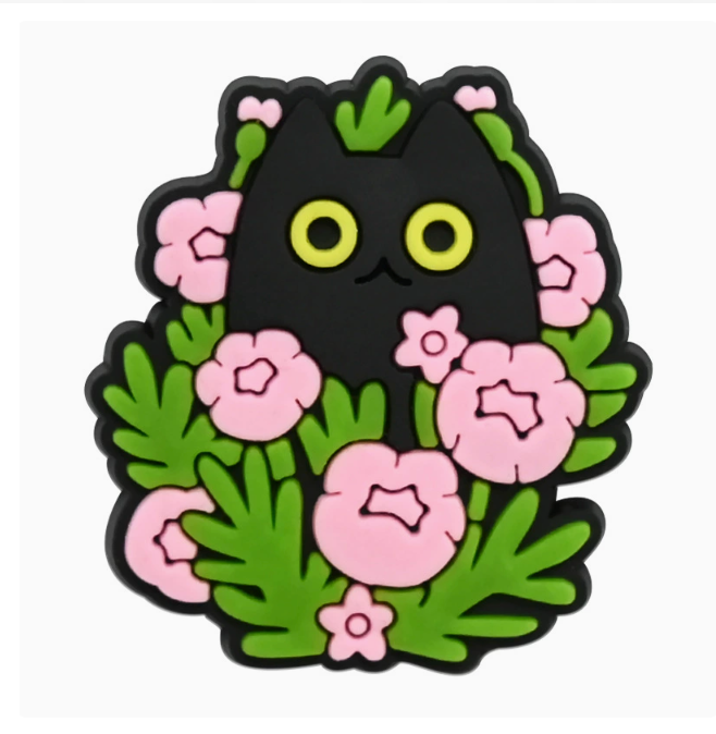 Style 13 Garden Cats PVC fridge magnet: black cat framed by a wreath of pink flowers.