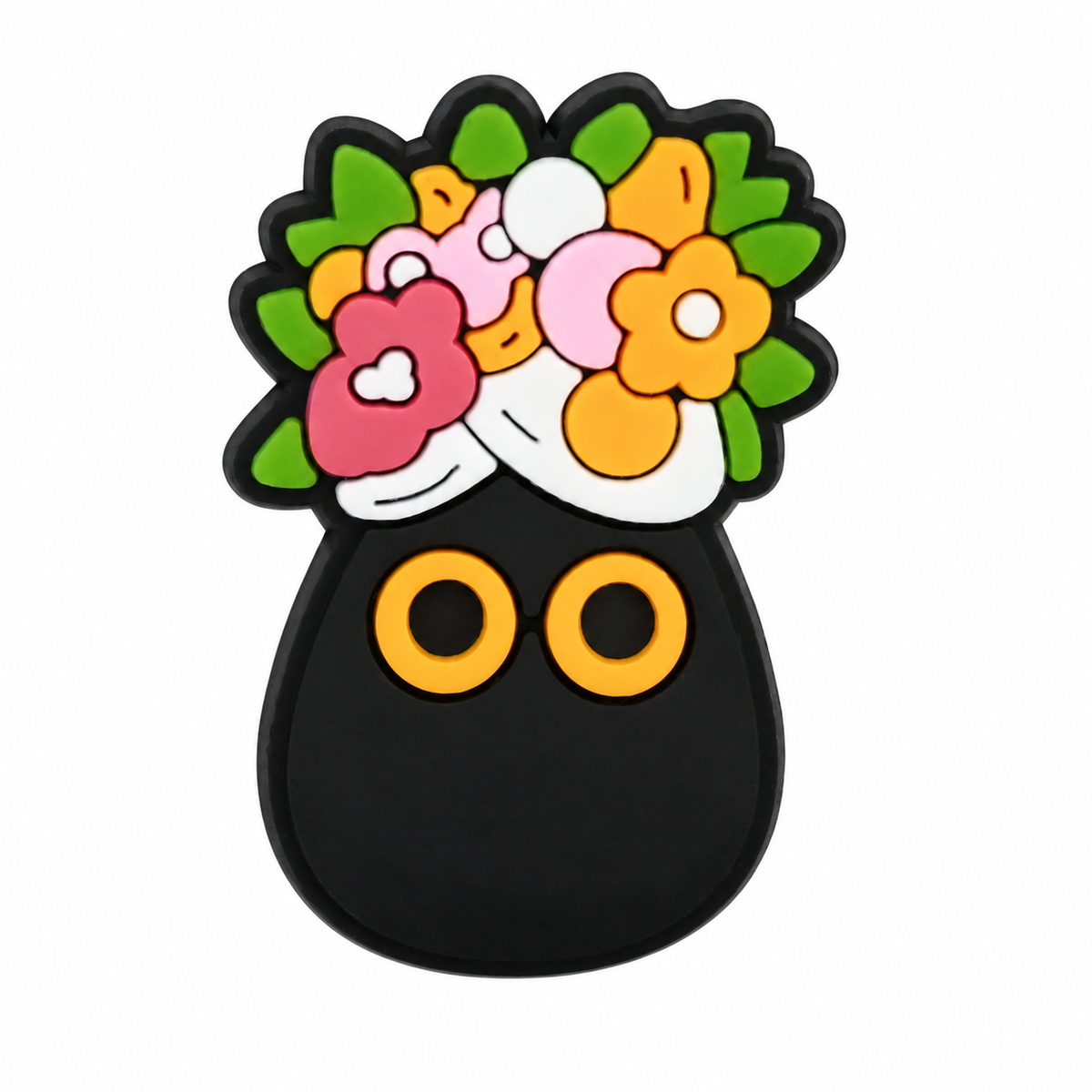 Style 15 Garden Cats PVC fridge magnet: round black cat vase with a colorful flower bouquet.