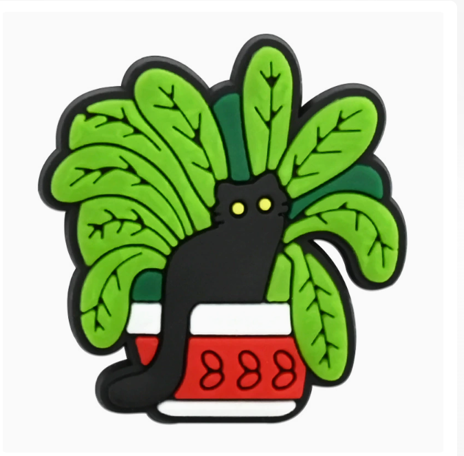 Style 16 Garden Cats PVC fridge magnet: black cat with large leaves in a red and white pot.