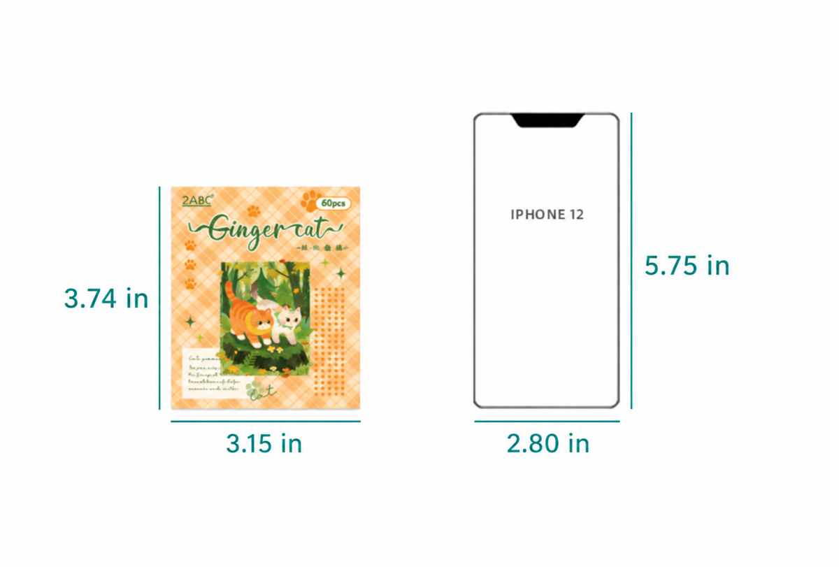 Cat sticker box measures 3.15 by 3.74 inches, shown beside a phone for scale.