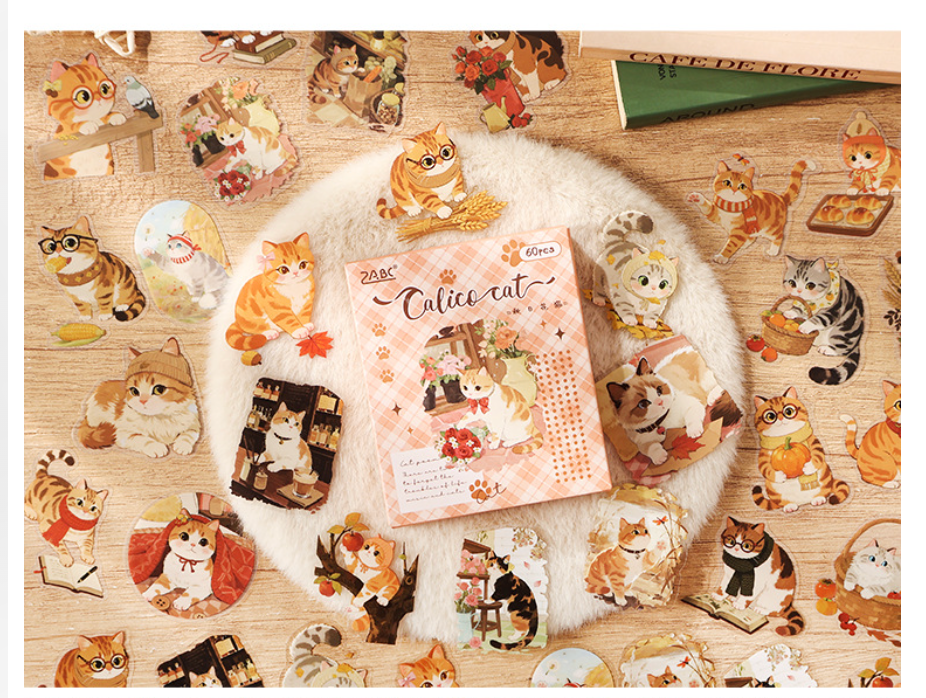 Calico Cat watercolor stickers with autumn scenes and a peach plaid box.