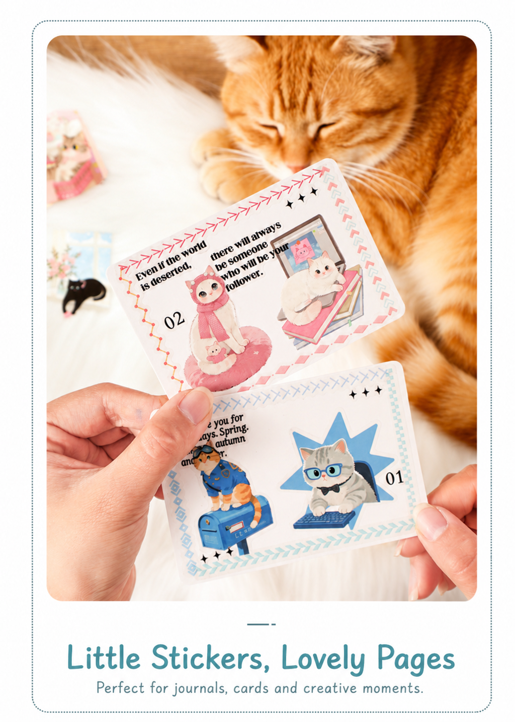 Cards decorated with watercolor kitten stickers beside an orange cat.